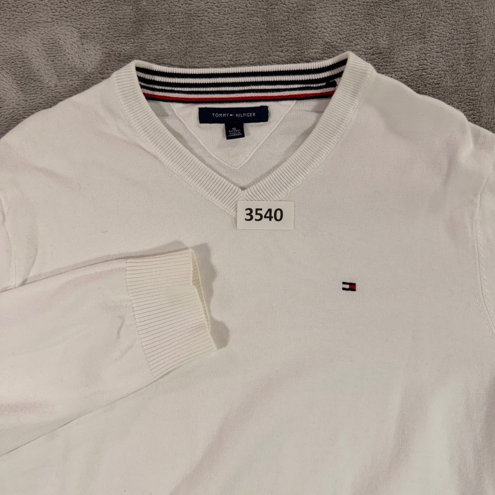 Tommy Hilfiger Sweater Womens XL White V-Neck Cotton Logo 78J9821